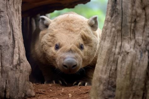 Close-up of Wombat Peeking Out of Burrow Entrance Stock Image - Image ...