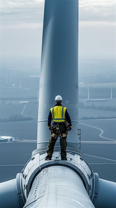 Wind Turbine Technician Wearing Safety Harness and Helmet Standing on Top of Wind Turbine ...