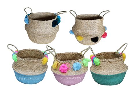 VH3516-1-Sea-grass belly basket with pom pom - Vietnam Handicraft Co., Ltd