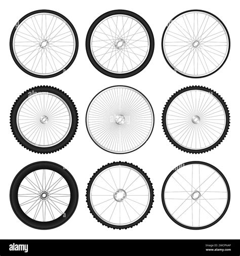 Realistic 3d bicycle wheels. Bike rubber tyres, shiny metal spokes and rims. Fitness cycle ...