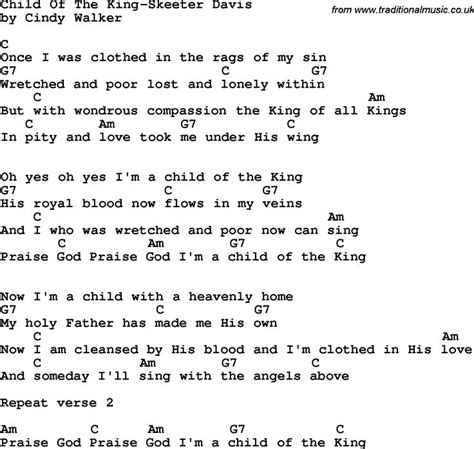 Country, Southern and Bluegrass Gospel Song Child Of The King-Skeeter Davis Lyrics with chords ...