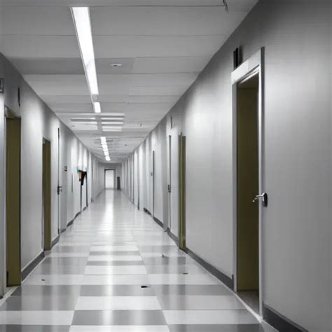 liminal space of a hospital, long hallway, exit sign | Stable Diffusion