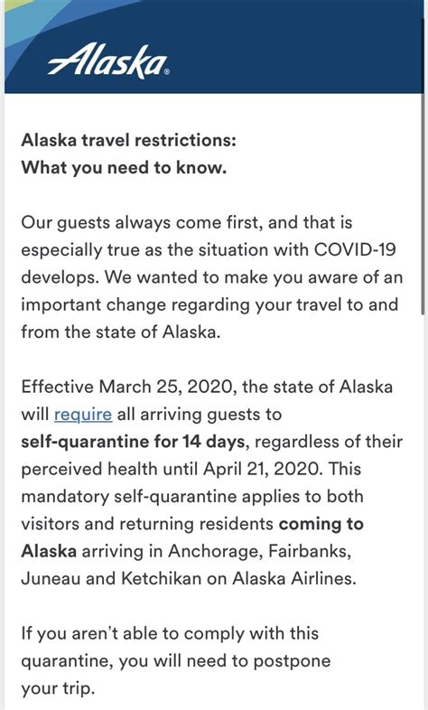 Alaska Air advises of mandatory self quarantine when traveling to the state of Alaska : r ...