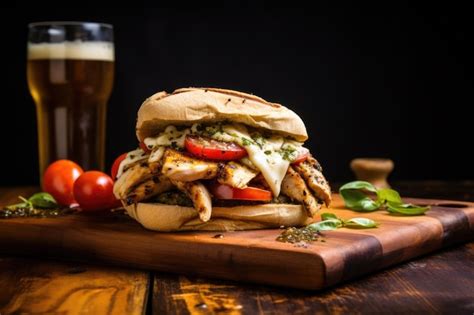 Premium AI Image | Saucedripping grilled chicken sandwich with accompanying light beer