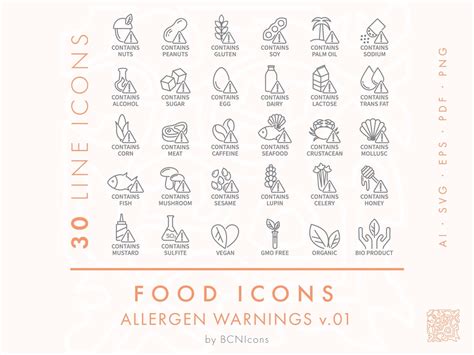 Food Contains Allergens Symbols Line Icons Pack SVG, Minimalist Food Allergy Warnings Clip Art ...