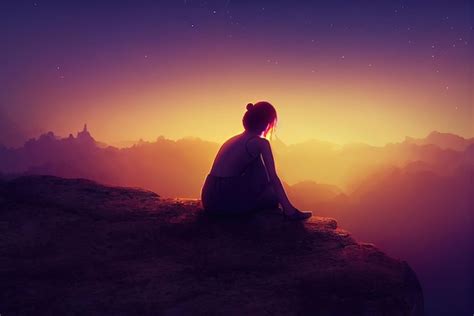 Premium Photo | A sad girl sits on a rock and looks into the distance ...