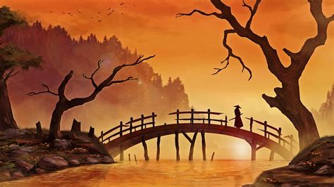 digital Art, Nature, Trees, Forest, Painting, Japanese, Branch, Bridge, Wood, Water, River ...