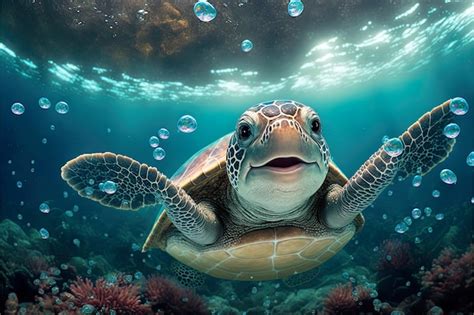 Premium Photo | 3d rendering cute turtle smiling under the sea