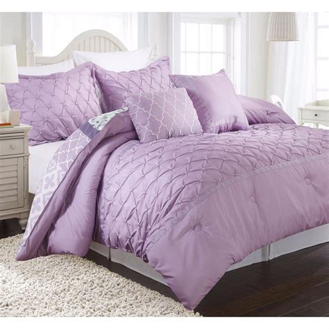 Twin Full Queen Lavender Purple Pintuck Pleat Floral 5 pc Comforter Set ...