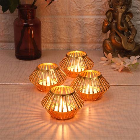 Golden-Plated-Designer-Metal-Tea-Light-Candle-Holders-Set-of-4 - WallMantra