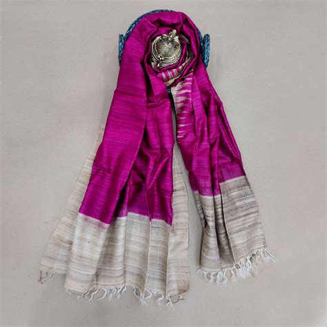 Magenta and Beige Border Tussar Giccha Silk Dupatta - Utkalika Odisha