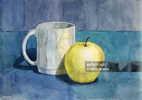 Watercolor Cubism Still Life With Glazed White Ceramic Mug And Yellow ...