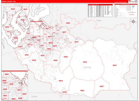Pierce County, WA Zip Code Wall Map Red Line Style by MarketMAPS - MapSales