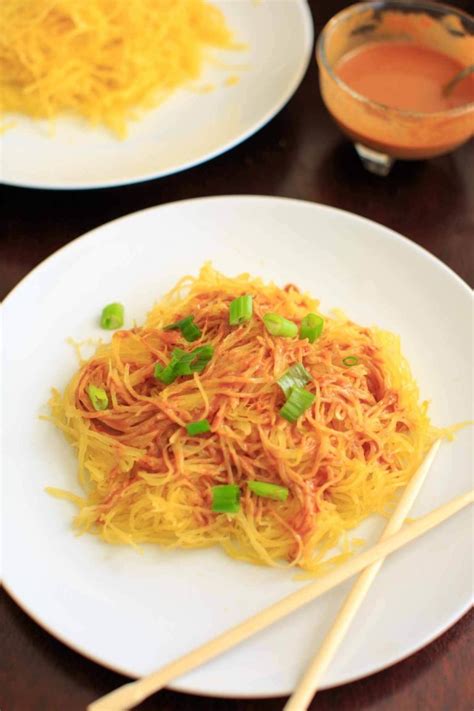 Spaghetti Squash Noodles with Spicy Peanut Sauce - Vegan, Gluten-free