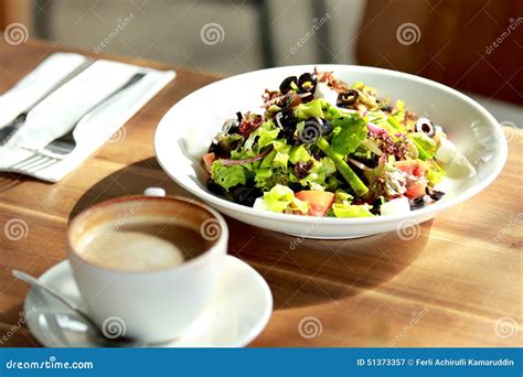 Healthy Salad and a Cup of Coffee for Lunch Stock Image - Image of plate, fork: 51373357