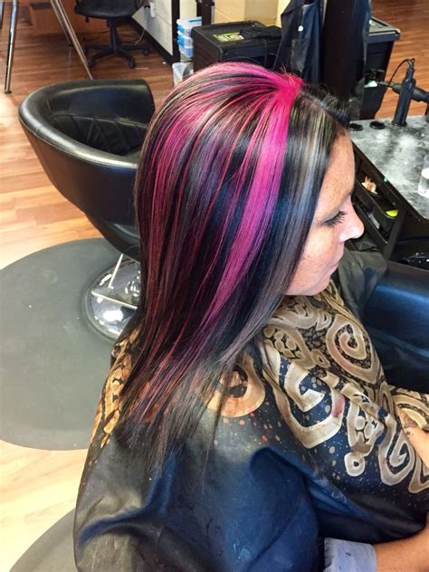 All over black with pink and silver gray highlights. Black hair. Silver ...