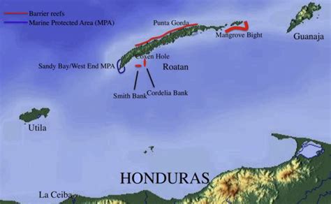 Map of the Bay Islands, with marked barrier reef (red) and the marine... | Download Scientific ...