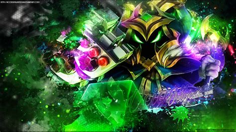 an abstract image of a masked man in green and purple colors