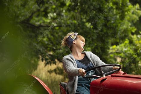 Happy woman driving tractor in orchard - Stock Image - F033/4093 - Science Photo Library