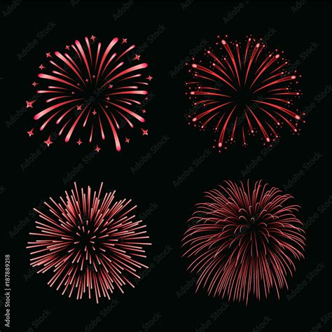 Beautiful red fireworks set. Bright fireworks isolated black background. Light red decoration ...