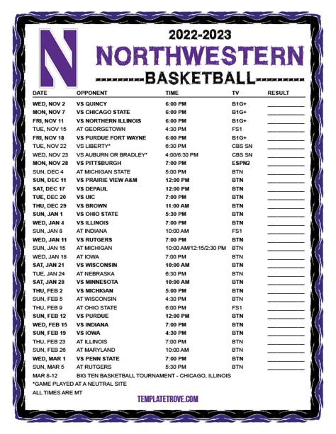 Printable 2022-2023 Northwestern Wildcats Basketball Schedule