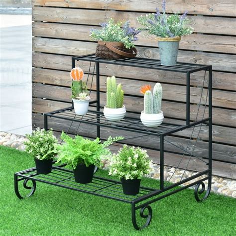 Costway 3 Tier Outdoor Metal Plant Stand Flower Planter Garden Display ...