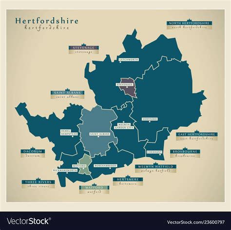 Modern Map - Hertfordshire county with district details UK illustration... | Hertfordshire ...