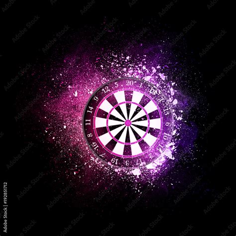 Darts board flying in violet particles isolated on black background ...