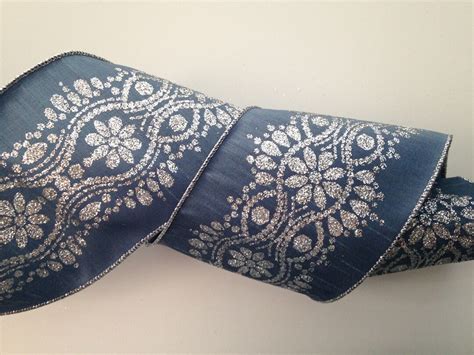 Christmas Ribbon, Antique Blue With Silver Sparkle, 4 Wide, Wired Edge ...