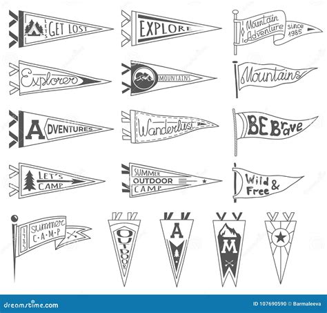 Set of Adventure, Outdoors, Camping Pennants. Retro Monochrome Labels. Hand Drawn Wanderlust ...