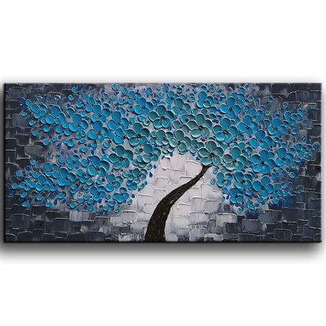 Large Blue Wall Art Modern Blue Flower Canvas Paintings Decor Living R ...