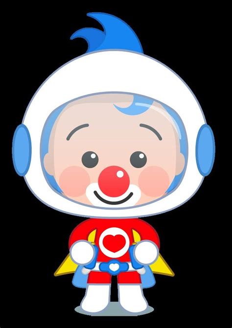 a cartoon character in a space suit with a rocket on his chest and an orange nose