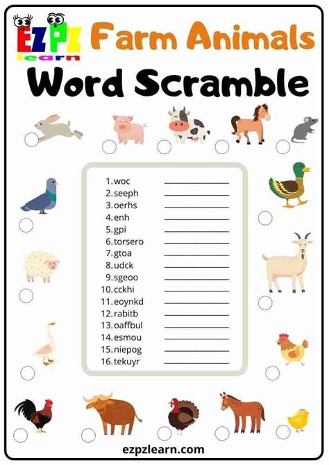 Free Printable Word Scramble High Level With Images Topic Farm Animals For English Learners ...