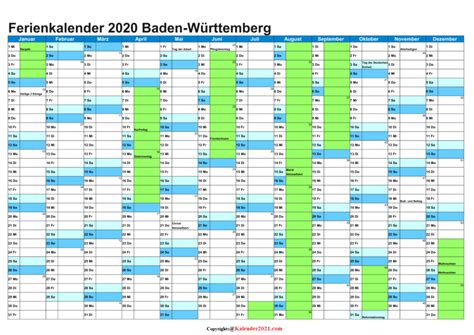 2020 Sommerferien Schulferien Kalender Baden-Württemberg [PDF]