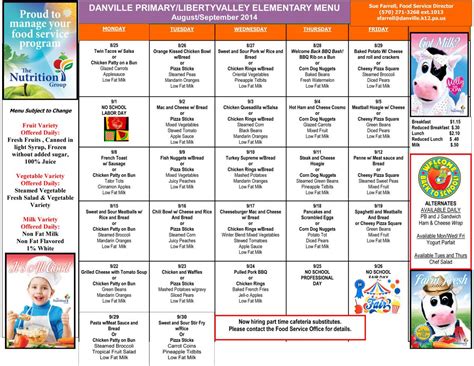 Danville Primary School & Liberty Valley Elementary School Lunch Menu August & September ...