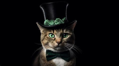 Premium Photo | A cat wearing a top hat and a bow tie is standing in front of a black ...