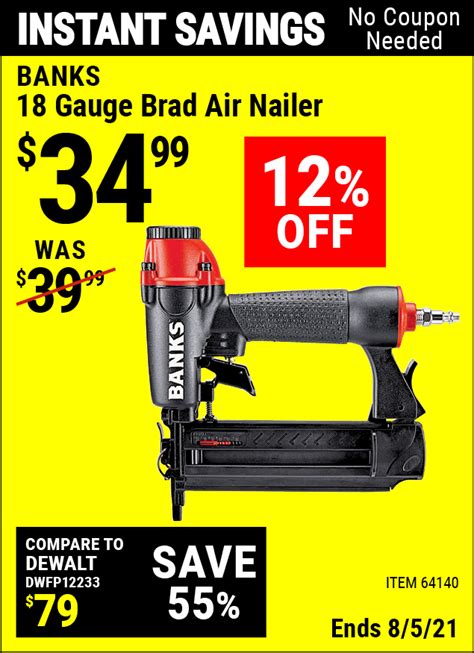 BANKS 18 Gauge Brad Air Nailer for $34.99 – Harbor Freight Coupons