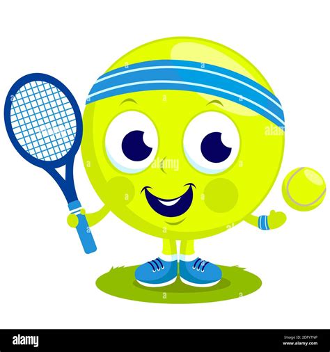 Cartoon tennis ball character playing tennis with a racket and tennis ...