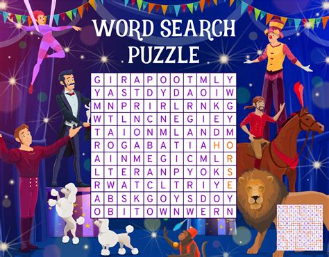 Cartoon shapito circus, word search puzzle game 10876348 Vector Art at Vecteezy