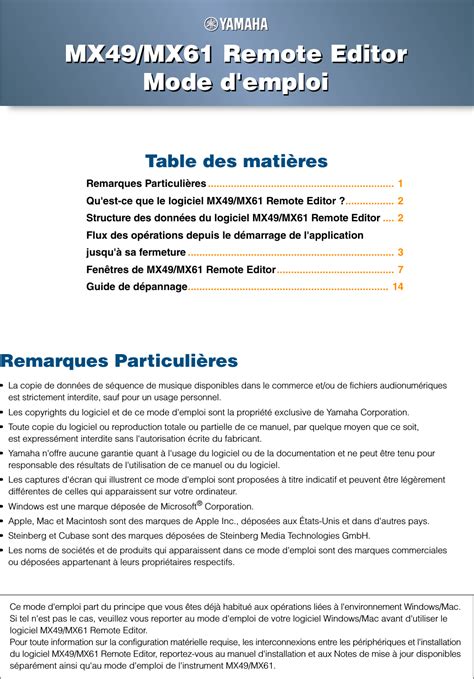 Yamaha MX49/MX61 Remote Editor Owner's Manual MX49/MX61/MX88 Mx49mx61 Remoteeditor Fr Om A0