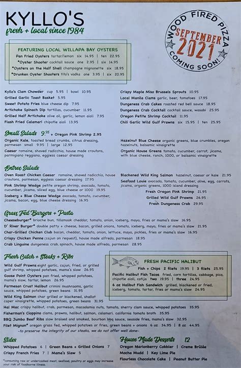 Menu at Kyllo’s Seafood & Grill restaurant, Lincoln City