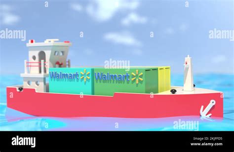 Plastic toy cargo ship delivers containers with Walmart logo. Editorial ...