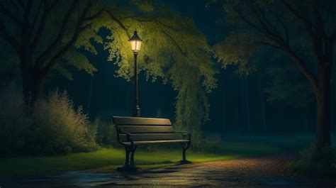 Premium AI Image | A Night in the Park Late Autumn Night in the Park Wood Benches and Park Alley ...