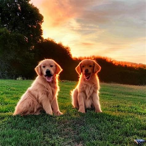 cute golden retriever puppies with a sunset | OpenArt