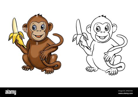 Cute monkey with banana to color in. Template for a coloring book with funny animals. Coloring ...