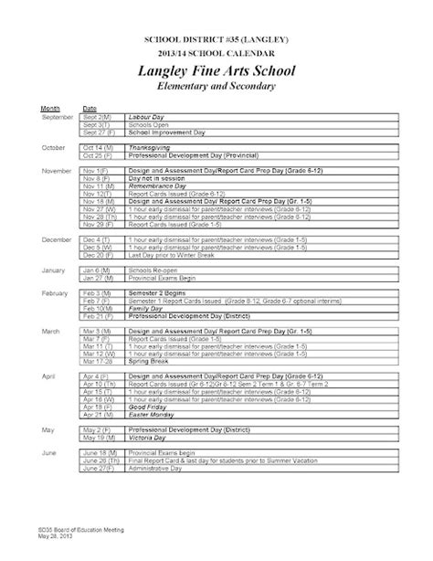 Langley Fine Arts School: School Calendar 2013-2014