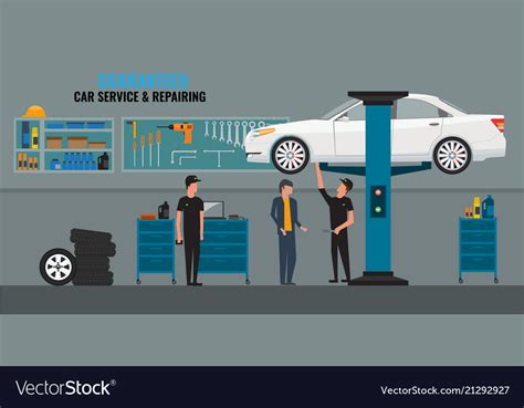 Auto repair shop interior with mechanics Vector Image