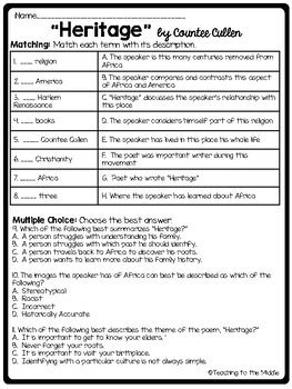 Heritage by Countee Cullen Poem Analysis and Comprehension Worksheet