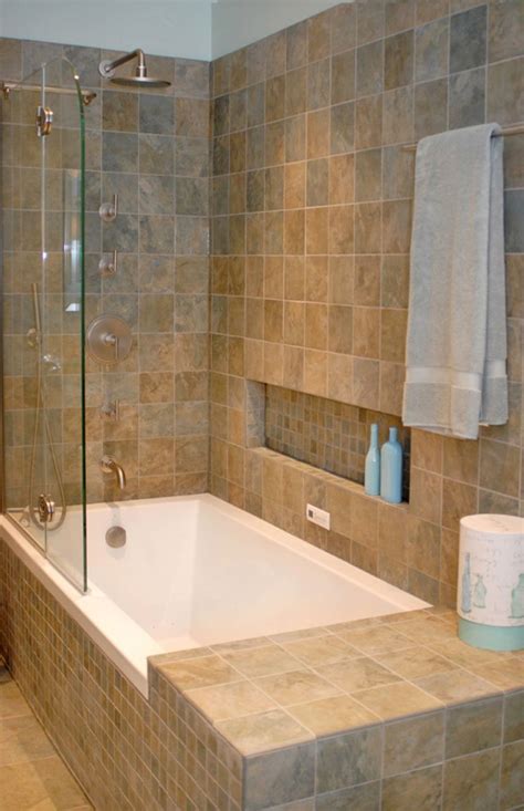 Modern tub shower combinations: traditional bathroom tile idea and horizontal wall niche with ...