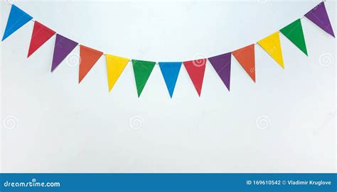 A Garland of Triangular Multicolored Paper Flags on a White Background ...